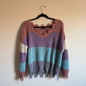 Frayed V-Neck Striped Sweater